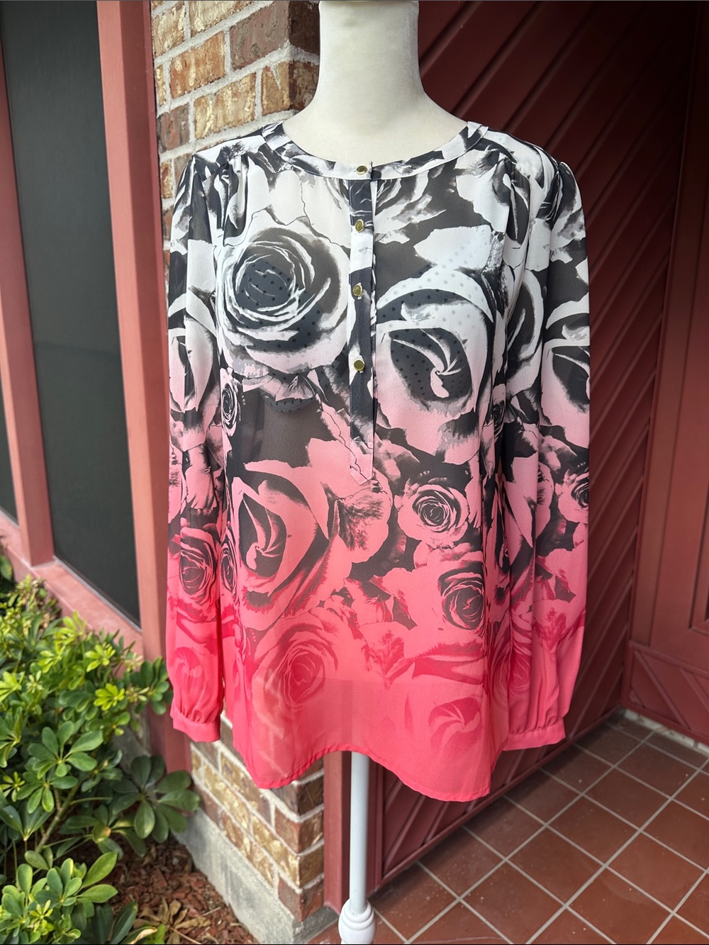 a.n.a Pink and Black Floral Ombre Long-Sleeve Blouse